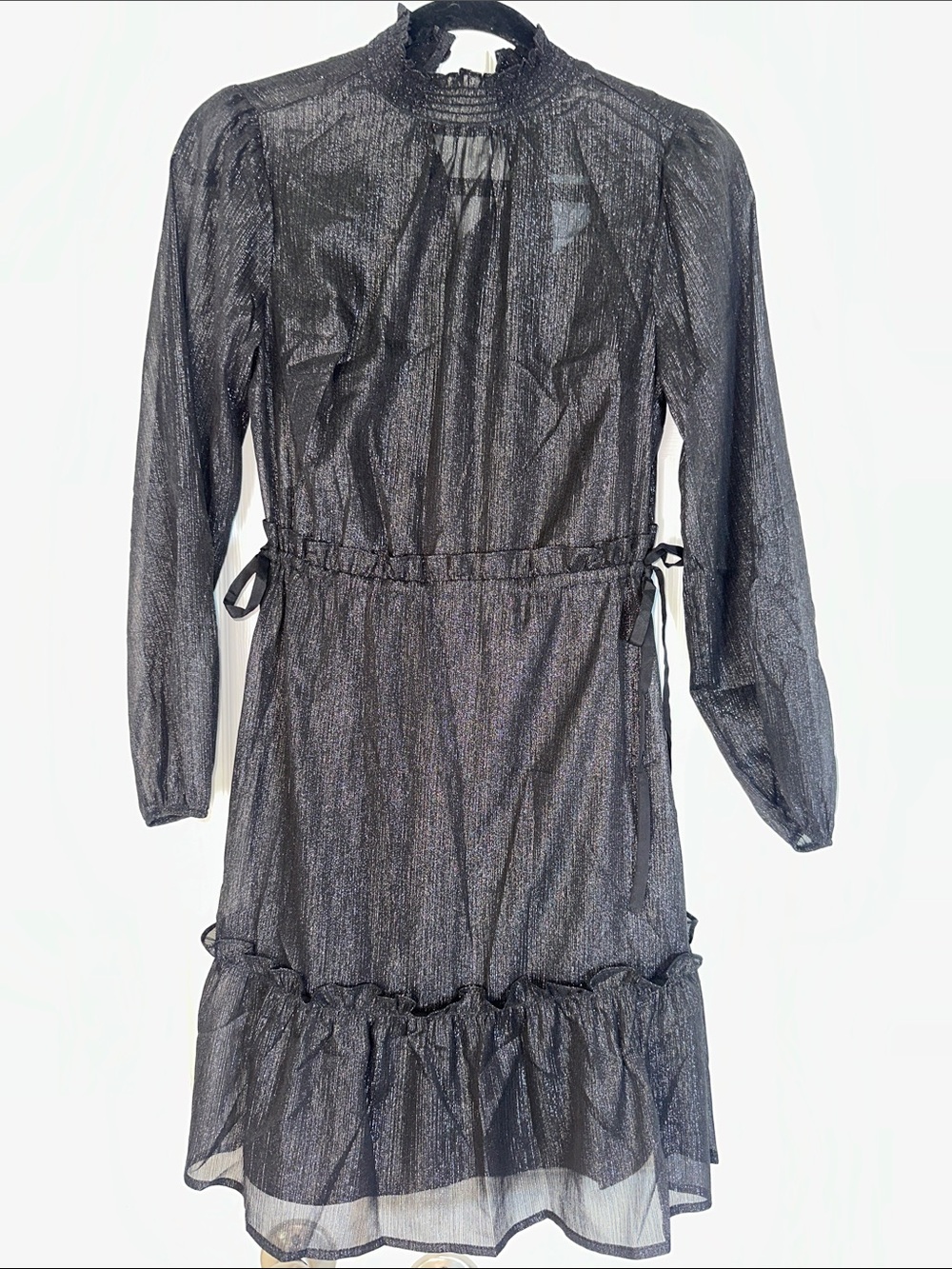 LOFT petite Shimmery Black Long Sleeve Ruffle-Hem Dress